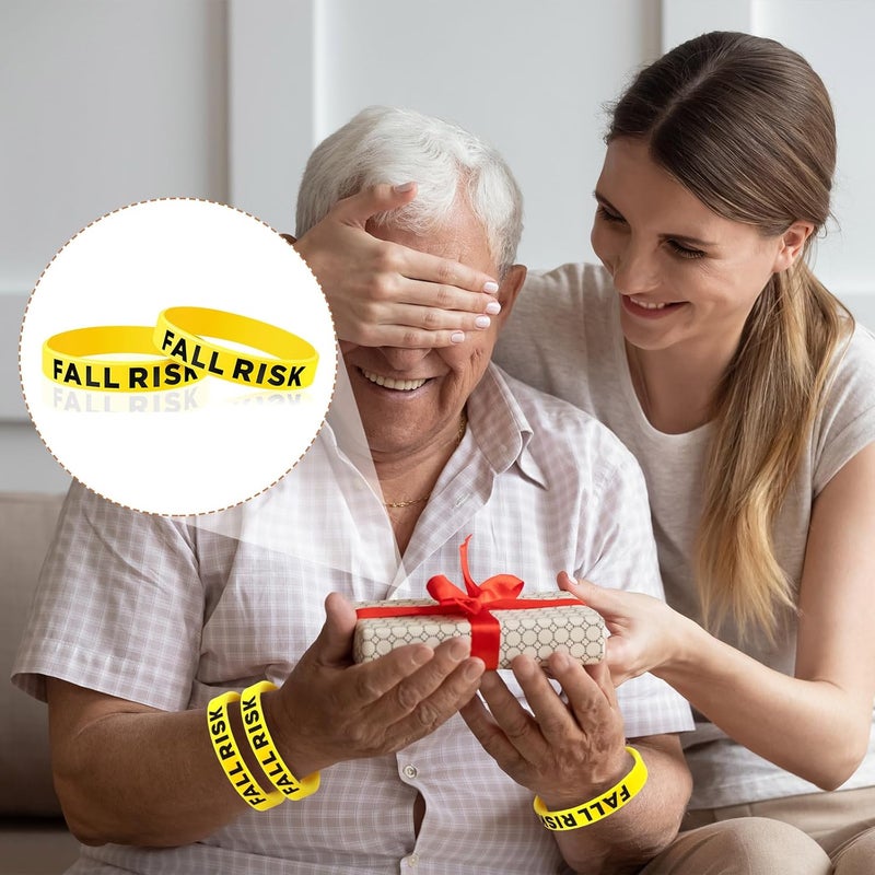 Sumind 12 Pcs Fall Risk Bracelet Emergency Alert Wristband for Elderly Patient Wristbands Fall Risk Silicone Rubber Bracelets for Men Women Old People Gifts(Yellow) - Image 5